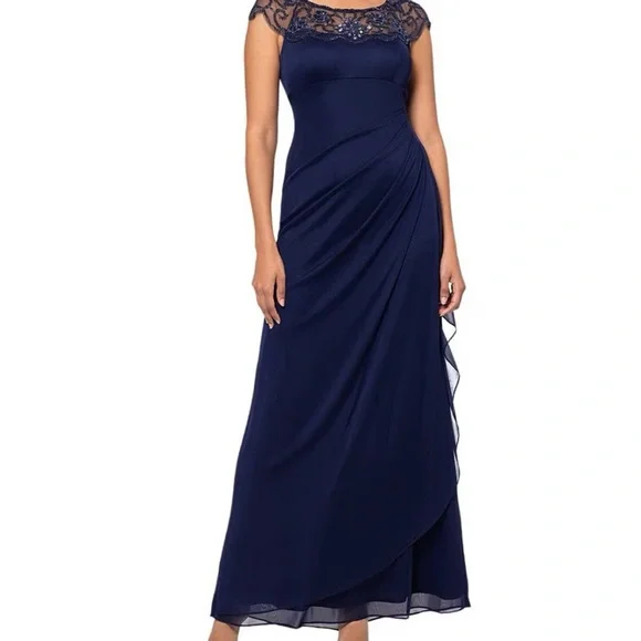 XSCAPE NWT Beaded Cap Sleeve Round Neck Ruched Cascade Ruffle Side Gown (PLUM) - Picture 5 of 12